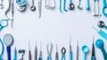 Medical and Health Frame Border Background with Various Tools and Equipment on White Surface Royalty Free Stock Photo