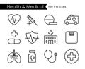 Medical and health thin line icon set