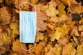 Medical face mask on colorful yellow autumn maple leafs coronavirus covid-19 epidemic continues wallpaper Royalty Free Stock Photo
