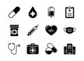 Medical and healthcare icon set glyph style. Symbols for website, print, magazine, app and design