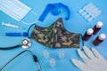 Medical and healthcare instruments and consumables with a military green mask