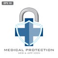 Medical and Healthcare Insurance Logo, Medical Security Shield Lock Icon. Vector Illustration