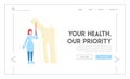 Medical Healthcare Landing Page Template. Doctor Orthopedist with Pointer Look at Huge Picture of Leg Skeleton Bones