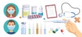 Medical healthcare set. Man and woman in medical protective masks, syringe, ampoule and plaster isolated