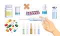 Medical healthcare set. Syringe, ampoule and plaster isolated on white background. Medical pills, capsules and bottles.