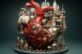 medical heart, witty and clever cartoons, functional aesthetics, green and crimson. AI Generated