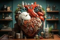 medical heart, witty and clever cartoons, functional aesthetics, green and crimson. AI Generated