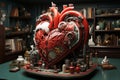 medical heart, witty and clever cartoons, functional aesthetics, green and crimson. AI Generated