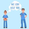 Medical help banner vector illustration. Young woman and man doctor smiling and getting ready to help. Nurse or medical