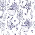 Medical herbs seamless pattern with sketch engraved spices and herbs. Plant and herbal design for wallpapers, site