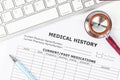 Medical history form document and stethoscope medical Royalty Free Stock Photo
