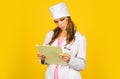 Medical history prescription. Woman work at clinic. Doctor with stethoscope at hospital. Girl with folder. Medical