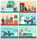 Medical hospital. Clinical care, emergency nurse with patient and hospitals doctor vector cartoon illustration Royalty Free Stock Photo