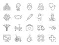 Medical hospital doodle illustration including icons - doctor, nurse, ambulance, wheelchair, caduceus, spray, syringe