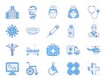 Medical hospital doodle illustration including icons - doctor, nurse, wheelchair, caduceus, spray, syringe, bowl of