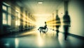 Medical hospital hallway with medical personnel and patients in motion blur sunlight effect