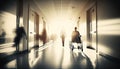 Medical hospital hallway with medical personnel and patients in motion blur sunlight effect