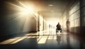 Medical hospital hallway with medical personnel and patients in motion blur sunlight effect