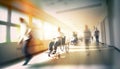 Medical hospital hallway with medical personnel and patients in motion blur sunlight effect