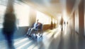 Medical hospital hallway with medical personnel and patients in motion blur sunlight effect