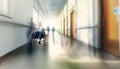 Medical hospital hallway with medical personnel and patients in motion blur sunlight effect