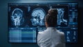 Medical Hospital Research Lab: Black Female Neuroscientist Looking at TV Screen, Analyzing Brain