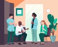 Medical hospital scene with diverse group of medic professionals chatting in break room. Doctors and nurses team talk at