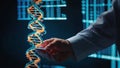 Medical HUD and a DNA chain. Medical HUD and a blue and white DNA sketch against a blurred blue background. Royalty Free Stock Photo