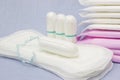 Medical hygiene conception. Menstruation sanitary pads and cotton tampon for woman hygiene protection. Soft tender protection for