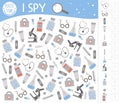 Medical I spy game for kids. Healthcare themed searching and counting activity for preschool children with cute elements. Funny