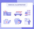 Medical icon set collection hospital ambulance drug first aid dentist prescription with flat style. Royalty Free Stock Photo