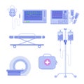 Medical icon set of defibrillator, MRI, intravenous infusion, first aid box