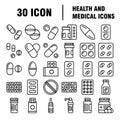 Medical Icons Medicine Hospital Kit Collection Set. Medical Vector Icons Set. Line Icons, Sign and Symbols in Flat Linear Design Royalty Free Stock Photo