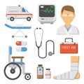 Medical icons set care ambulance hospital emergency human pharmacy vector illustration.