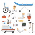 Medical icons set care ambulance hospital emergency human pharmacy vector illustration. Royalty Free Stock Photo