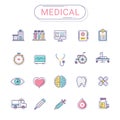 Medical icons set. Healthcare flat line icon style create by . The set can be used for hospital website, healthcare banner. Royalty Free Stock Photo