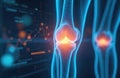Medical illustration of knee joint with glowing inflammation. Digital x-ray analysis shows bone structure and data charts. Royalty Free Stock Photo