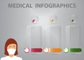 Medical infographics with doctor and three vertical transparent glass labels ready for your text