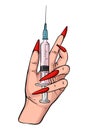 Medical injection vaccinatin icon, women hand long red nails making medical procedure