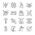 Medical innovation line icon set. Included the icons as physical scan, digital eye, dna, pseudo heart, organ printing and more.