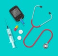 Medical instruments isolated vector illustration, flat cartoon pills, medicine tablets, stethoscope, glucometer and