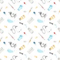 Watercolor seamless pattern with medical instruments and medicines on a white background