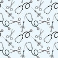 Medical instruments seamless pattern on a blue background. Scissors, syringe, tweezers, laryngoscope and stethoscope. Endless Royalty Free Stock Photo