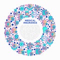 Medical insurance concept in circle thin line icons: policy, life insurance, psychological support, maternity program, 24/7 Royalty Free Stock Photo