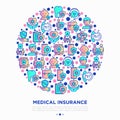 Medical insurance concept in circle thin line icons: policy, life insurance, psychological support, maternity program, 24/7 Royalty Free Stock Photo