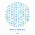 Medical insurance concept in circle thin line icons: policy, life insurance, psychological support, maternity program, 24/7 Royalty Free Stock Photo