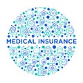 Medical insurance concept in circle thin line icons: policy, life insurance, psychological support, maternity program, 24/7 Royalty Free Stock Photo