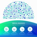 Medical insurance concept in half circle with thin line icons: policy, life insurance, psychological support, maternity program, Royalty Free Stock Photo