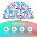 Medical insurance concept in half circle with thin line icons: policy, life insurance, psychological support, maternity program, Royalty Free Stock Photo