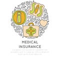 Medical insurance hand draw cartoon icon concept. Information, sos and first aid icon in round form with decorative